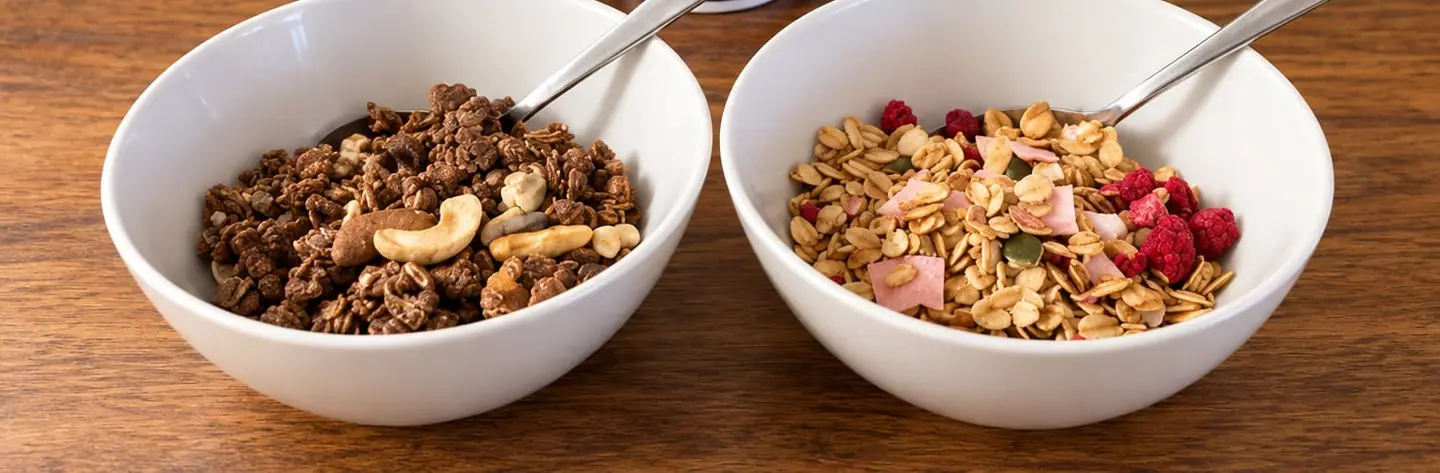 Zwei Schalen mit Müsli und Nüssen auf einem Holztisch.